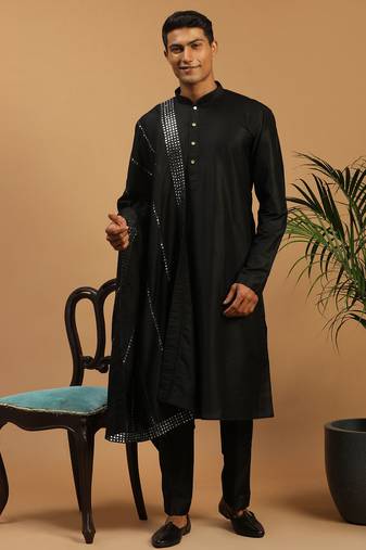 black silk blend kurta pyjama set with mirror work dupatta | 3-piece festive wear
