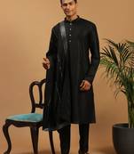 black silk blend kurta pyjama set with mirror work dupatta | 3-piece festive wear