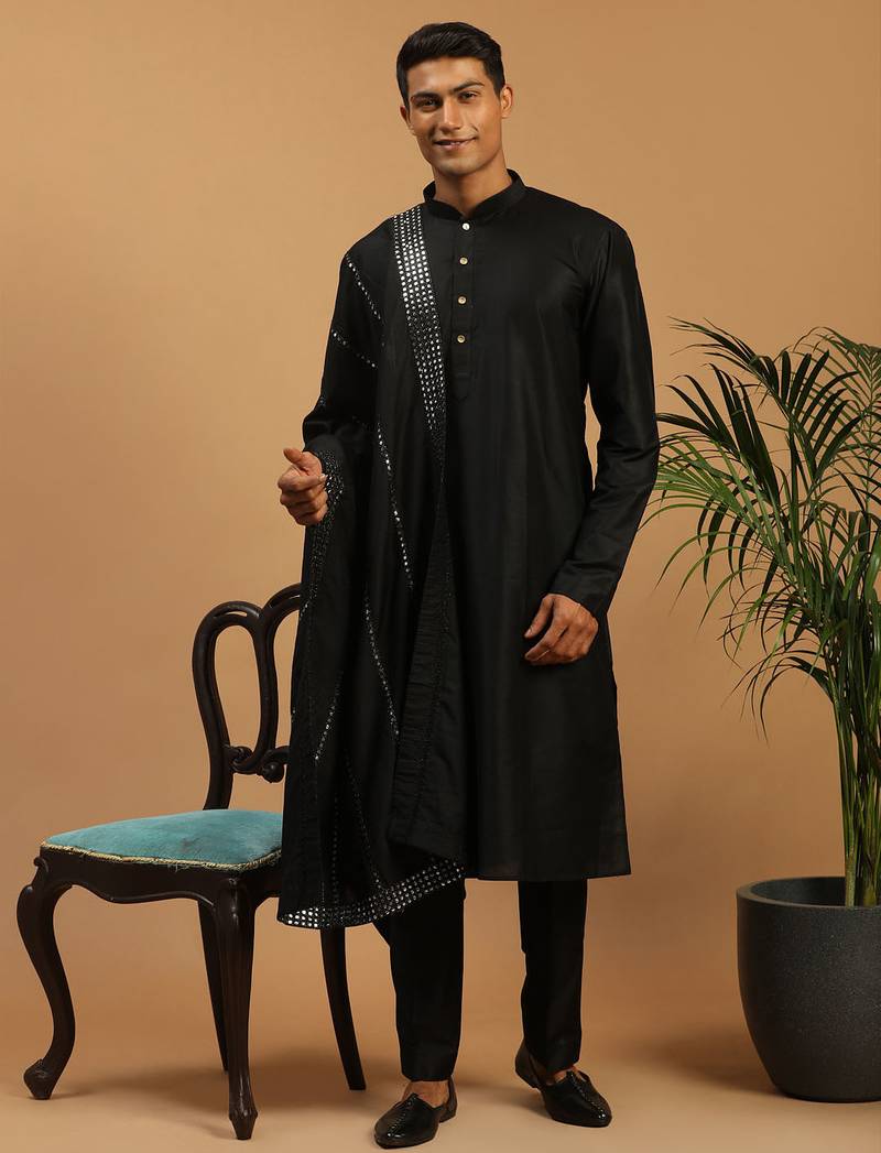 black silk blend kurta pyjama set with mirror work dupatta | 3-piece festive wear