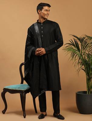 black silk blend kurta pyjama set with mirror work dupatta | 3-piece festive wear 2