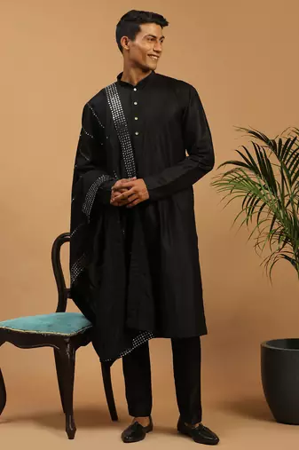 black silk blend kurta pyjama set with mirror work dupatta | 3-piece festive wear