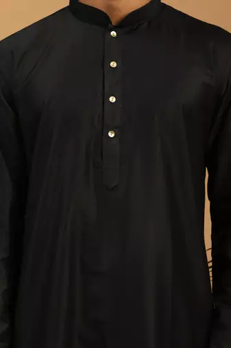 black silk blend kurta pyjama set with mirror work dupatta | 3-piece festive wear