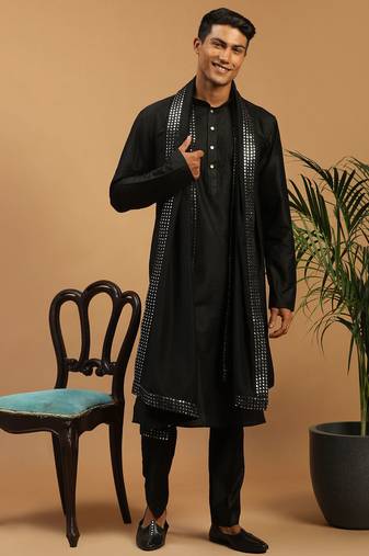 black silk blend kurta pyjama set with mirror work dupatta | festive & wedding wear