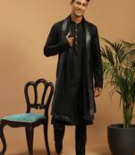black silk blend kurta pyjama set with mirror work dupatta | festive & wedding wear