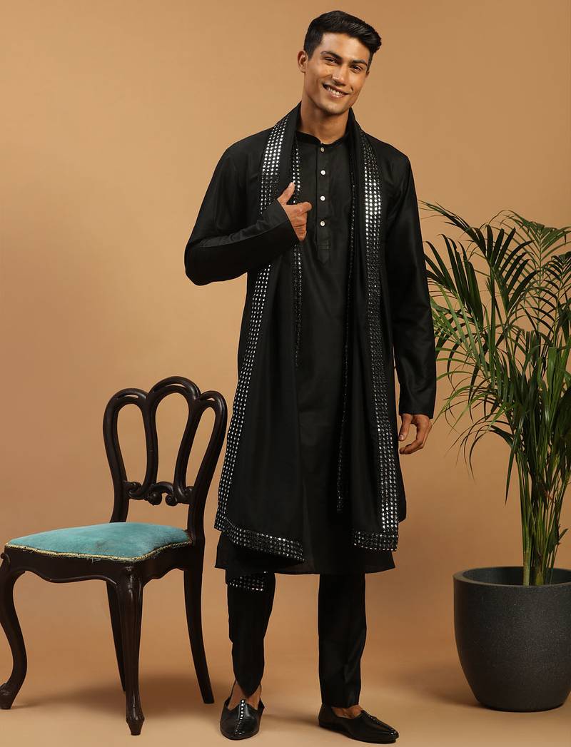 black silk blend kurta pyjama set with mirror work dupatta | festive & wedding wear