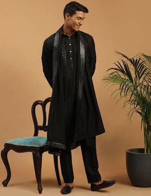 black silk blend kurta pyjama set with mirror work dupatta | festive & wedding wear 2