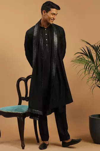 black silk blend kurta pyjama set with mirror work dupatta | festive & wedding wear