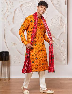 yellow patola print silk blend kurta pyjama set with red printed dupatta | festive & wedding wear 1