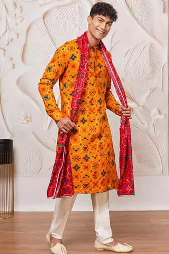 yellow patola print silk blend kurta pyjama set with red printed dupatta | festive & wedding wear