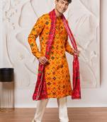 yellow patola print silk blend kurta pyjama set with red printed dupatta | festive & wedding wear