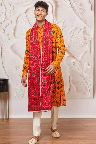 yellow patola print silk blend kurta pyjama set with red printed dupatta | festive & wedding wear