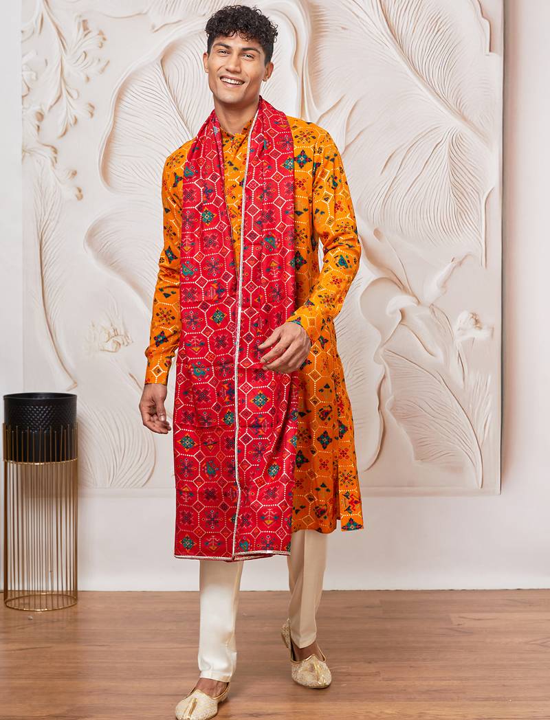 yellow patola print silk blend kurta pyjama set with red printed dupatta | festive & wedding wear