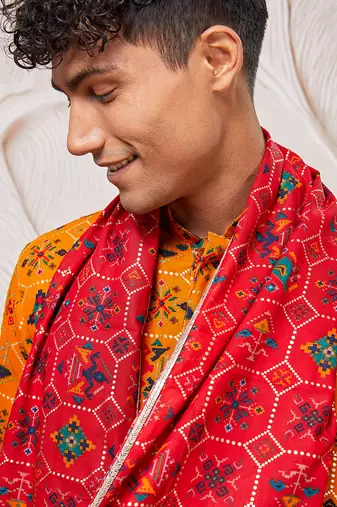 yellow patola print silk blend kurta pyjama set with red printed dupatta | festive & wedding wear