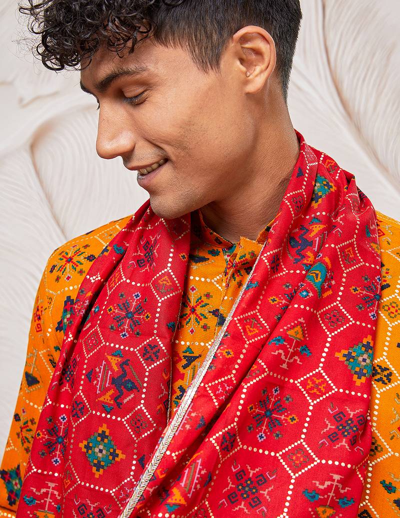 yellow patola print silk blend kurta pyjama set with red printed dupatta | festive & wedding wear