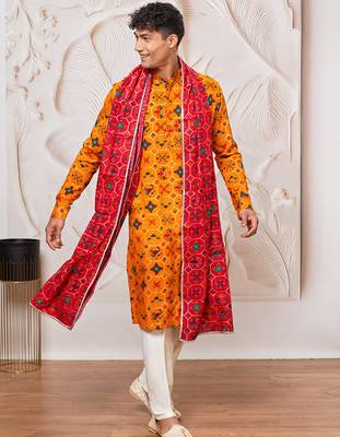 yellow patola print silk blend kurta pyjama set with red printed dupatta | festive & wedding wear 4