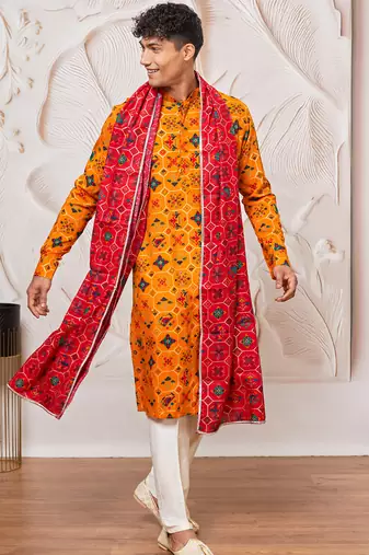 yellow patola print silk blend kurta pyjama set with red printed dupatta | festive & wedding wear