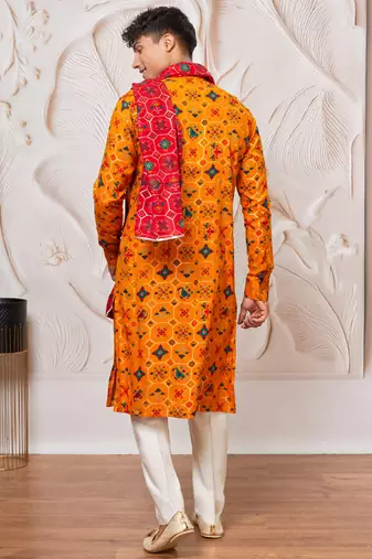 yellow patola print silk blend kurta pyjama set with red printed dupatta | festive & wedding wear