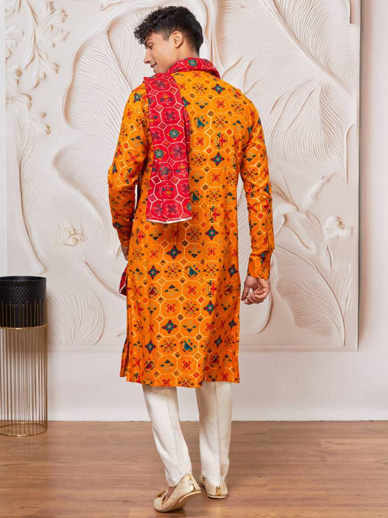 yellow patola print silk blend kurta pyjama set with red printed dupatta | festive & wedding wear