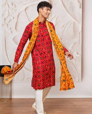 red patola print silk blend kurta pyjama set with yellow printed dupatta | festive & wedding wear 1