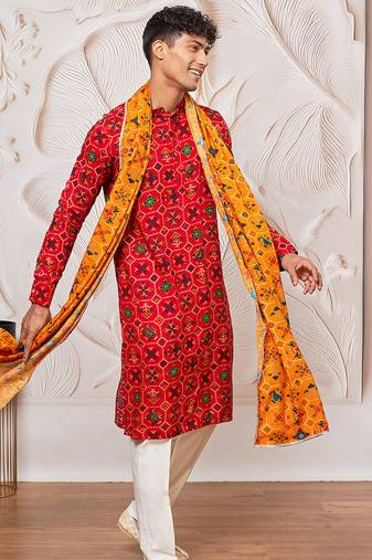 red patola print silk blend kurta pyjama set with yellow printed dupatta | festive & wedding wear