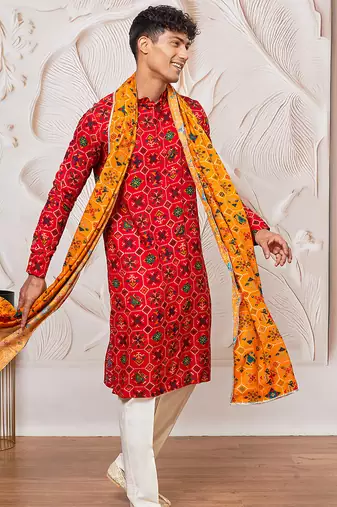 red patola print silk blend kurta pyjama set with yellow printed dupatta | festive & wedding wear