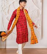 red patola print silk blend kurta pyjama set with yellow printed dupatta | festive & wedding wear