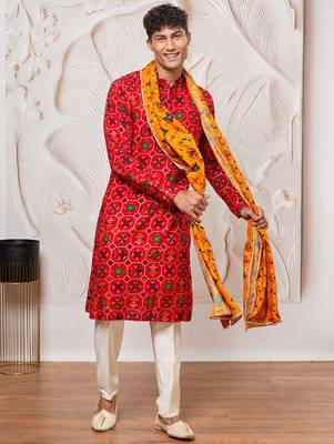red patola print silk blend kurta pyjama set with yellow printed dupatta | festive & wedding wear 2