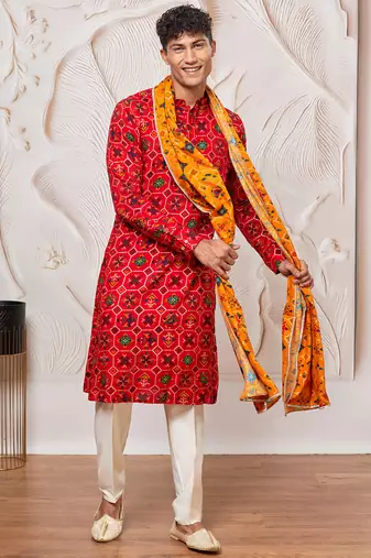red patola print silk blend kurta pyjama set with yellow printed dupatta | festive & wedding wear