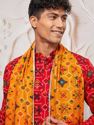 red patola print silk blend kurta pyjama set with yellow printed dupatta | festive & wedding wear 3