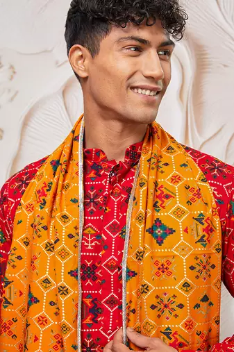 red patola print silk blend kurta pyjama set with yellow printed dupatta | festive & wedding wear