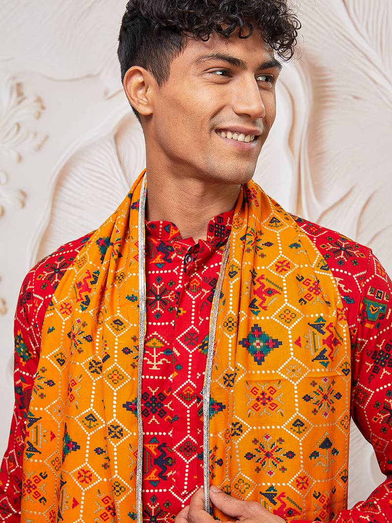 red patola print silk blend kurta pyjama set with yellow printed dupatta | festive & wedding wear