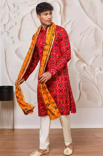 red patola print silk blend kurta pyjama set with yellow printed dupatta | festive & wedding wear