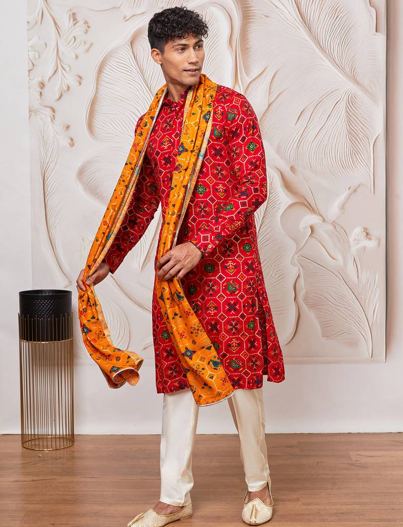 red patola print silk blend kurta pyjama set with yellow printed dupatta | festive & wedding wear
