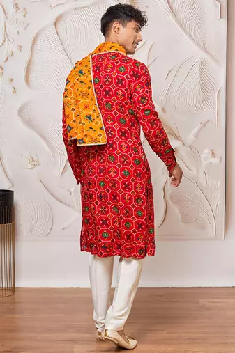 red patola print silk blend kurta pyjama set with yellow printed dupatta | festive & wedding wear