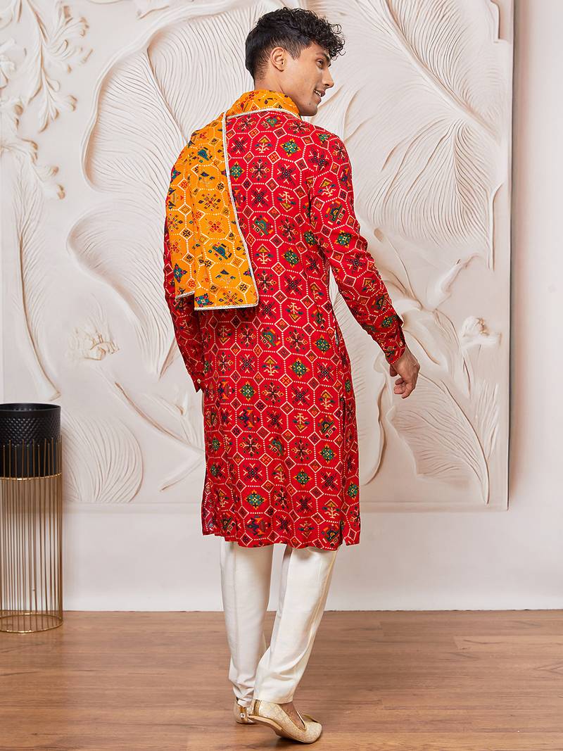 red patola print silk blend kurta pyjama set with yellow printed dupatta | festive & wedding wear