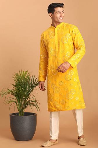 yellow mirror work georgette kurta pyjama set with cream fine satin bottom | festive & wedding wear