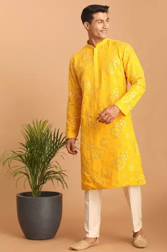 yellow mirror work georgette kurta pyjama set with cream fine satin bottom | festive & wedding wear