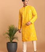 yellow mirror work georgette kurta pyjama set with cream fine satin bottom | festive & wedding wear