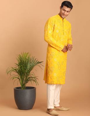 yellow mirror work georgette kurta pyjama set with cream fine satin bottom | festive & wedding wear 2