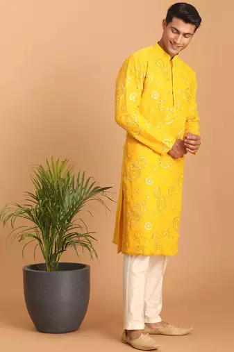 yellow mirror work georgette kurta pyjama set with cream fine satin bottom | festive & wedding wear