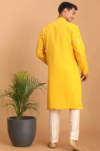 yellow mirror work georgette kurta pyjama set with cream fine satin bottom | festive & wedding wear