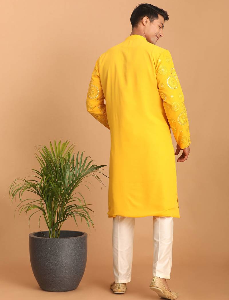 yellow mirror work georgette kurta pyjama set with cream fine satin bottom | festive & wedding wear