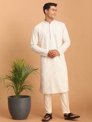 Cream mirror work georgette kurta pyjama set with cream fine satin bottom | festive & wedding wear 1