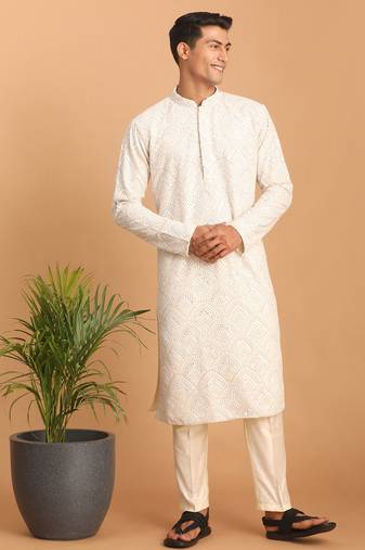 Cream mirror work georgette kurta pyjama set with cream fine satin bottom | festive & wedding wear