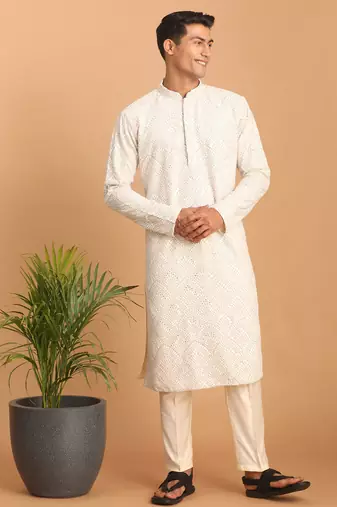 Cream mirror work georgette kurta pyjama set with cream fine satin bottom | festive & wedding wear