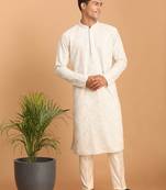 Cream mirror work georgette kurta pyjama set with cream fine satin bottom | festive & wedding wear