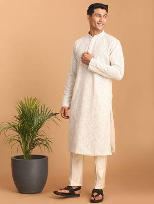 Cream mirror work georgette kurta pyjama set with cream fine satin bottom | festive & wedding wear 2