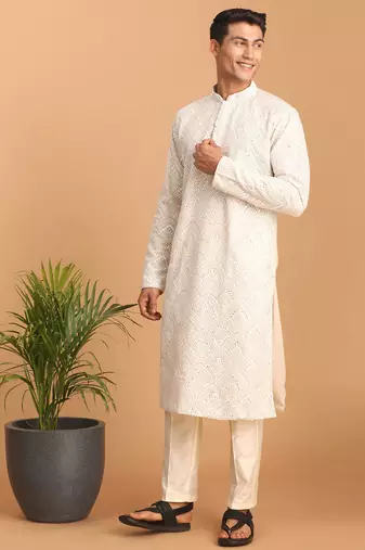 Cream mirror work georgette kurta pyjama set with cream fine satin bottom | festive & wedding wear