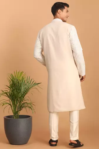 Cream mirror work georgette kurta pyjama set with cream fine satin bottom | festive & wedding wear