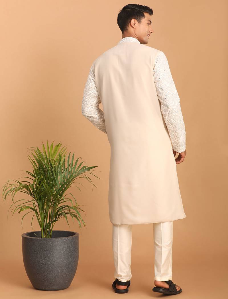 Cream mirror work georgette kurta pyjama set with cream fine satin bottom | festive & wedding wear